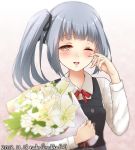  artist_name black_ribbon bouquet brown_eyes commentary_request dated dress eyebrows_visible_through_hair flower grey_hair hair_ribbon highres jewelry kantai_collection kasumi_(kantai_collection) long_hair long_sleeves neck_ribbon nuka_(nvkka) one_eye_closed pinafore_dress red_ribbon remodel_(kantai_collection) ribbon ring school_uniform shirt short_sleeves side_ponytail tears wedding_band white_flower white_shirt 