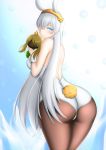  1girl anastasia_(fate/grand_order) animal_ears ass bare_shoulders blue_eyes blush breasts bunny_ears bunny_tail bunnysuit fake_animal_ears fate/grand_order fate_(series) from_behind large_breasts leotard long_hair looking_at_viewer looking_back pantyhose sideboob silver_hair smile solo str tail very_long_hair 