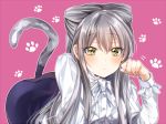  1girl alternate_hairstyle bang_dream! bangs blue_skirt blush cat_tail commentary_request frown grey_hair half_updo ito22oji kemonomimi_mode long_hair long_sleeves looking_at_viewer minato_yukina outline paw_pose paw_print pink_background shirt skirt solo tail white_neckwear white_outline white_shirt yellow_eyes 