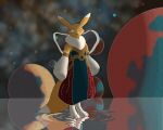5:4 abstract_background anthro armwear asian_clothing bandai_namco belt black_sclera blue_eyes chinese_clothing clothed clothing daetoyin detached_sleeves digimon digimon_(species) digital_media_(artwork) digitigrade dress east_asian_clothing female fluffy fluffy_tail fur fur_collar glistening hanfu hi_res long_ears looking_at_viewer nebula neck_tuft oriental_clothing planet pointy_ears reflection renamon ribbons ripple shaded signature smile solo space standing_on_water star tail tuft water water_reflection white_body white_fur yellow_body yellow_fur