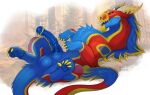 2022 absurd_res animal_genitalia animal_penis araatan arm_tuft balls blonde_mane blue_body blue_fur blue_mane blue_penis blurred_background bodily_fluids chest_tuft colored cum cum_string dated elbow_tuft equine_genitalia equine_penis erection feral forest fur genital_fluids genitals grass green_eyes hi_res horn kachayin_(greifenherz) leaf leaking_cum lying male mane monster multicolored_body multicolored_fur multicolored_mane on_back pawpads paws penis plant qwertydragon red_body red_fur scalie shaded sheath solo tail tailbutt tree tuft yellow_body yellow_fur