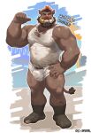 2024 anthro arm_hair armpit_hair barazoku beard biceps body_hair brown_body brown_hair bulge chest_hair clothed clothing deltoids ear_piercing estper eyebrows facial_hair footwear forearms gesture gold_tusks hair hand_gesture happy_trail hi_res highlights_(coloring) horgan_barderigg_(estper) leg_hair looking_at_viewer male mammal muscular muscular_anthro muscular_arms muscular_male piercing pointing pointing_at_self pubes red_highlights shirt simple_background smile socks solo standing suid suine sus_(pig) tail tank_top text topwear torn_clothing tusks underwear wild_boar yellow_eyes