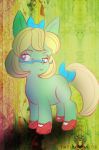 2016 abstract_background bitter_belle blonde_hair blue_eyes bow_ribbon clothing cub earth_pony equine eyewear female footwear glasses hair horse mammal my_little_pony pony shoes smile solo yaoimeowmaster young 