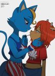 2026 absurd_res anthro applying_makeup black_nose blonde_hair blue_body blue_bottomwear blue_clothing blue_crop_top blue_fur blue_jeans blue_pants blue_shirt blue_tank_top blue_topwear blush bottomwear bovid brown_body brown_fur caprine clothing crop_top denim denim_bottomwear denim_clothing digital_drawing_(artwork) digital_media_(artwork) domestic_cat duo ear_piercing ear_ring english_description eye_contact felid feline felis female fur hair hand_on_another's_chin hand_on_chin hi_res horn humanoid_hands jeans katy_kat lammy_lamb looking_at_another makeup mammal navel nikkiaart on_lap pants parappa_the_rapper pattern_bottomwear pattern_clothing pattern_pants personal_grooming piercing pink_nose red_clothing red_crop_top red_hair red_shirt red_topwear ring_piercing sheep shirt simple_background sitting_on_lap slightly_chubby slightly_chubby_anthro slightly_chubby_female smile smiling_at_another sony_corporation sony_interactive_entertainment striped_bottomwear striped_clothing striped_pants stripes tail tan_inner_ear tank_top thin_tail topwear um_jammer_lammy white_background