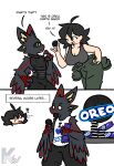 2_panel_comic alien anthro arm_feathers armor avali avian black_clothing black_topwear black_vest body_armor breasts cleavage clothed clothing comic cookie coveralls dialogue duo english_text feathers female female_human food green_eyes grey_body grey_feathers hi_res human jumpsuit kangwolf male male_anthro mammal mechanic_outfit oreo_cookie red_body red_scales scales scuted_hands scutes shirt tank_top text topwear vest winged_arms wings