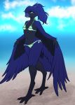 ajna animal_humanoid anthro avian avian_feet avian_humanoid beach bikini bikini_bottom bikini_top bird bird_humanoid blue_body blue_feathers blue_hair breasts clothing corvid corvid_humanoid corvus_(genus) crow feathers female female_anthro green_eyes hair hi_res humanoid oscine passerine ponytail small_breasts swimwear two-piece_swimsuit walking wings