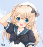  1girl artist_logo blonde_hair blue_background blue_eyes blue_sailor_collar dated dress gloves hat highres jervis_(kantai_collection) kantai_collection long_hair looking_at_viewer open_mouth sailor_collar sailor_dress sailor_hat salute smile solo upper_body white_dress white_gloves white_hat 