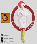 anthro avian avian_caruncle big_breasts bird black_eyes blush blush_stickers breasts chicken comb_(anatomy) erayser featureless_crotch female galliform head_crest hi_res la_pechugona looking_at_viewer navel nipple_outline nipples non-mammal_breasts non-mammal_navel non-mammal_nipples open_mouth phasianid solo spanish_text text thick_thighs white_body wide_hips