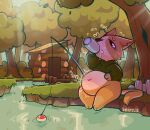 anthro bearr_12 belly belly_blush beverage beverage_can big_belly bloated blush bodily_fluids body_blush bottomless canid canine chugging clothed clothing digital_drawing_(artwork) digital_media_(artwork) drinking eye_bags fishing fishing_line fishing_rod food food_fetish grunting hand_on_belly handwritten_text hi_res hoodie hoodie_only inflation light light_beam log_cabin male mammal multicolored_body navel onomatopoeia outside paws plant river rumbling_stomach solo sound_effects sunbeam sunlight sweat sweatdrop text topwear topwear_only tree two_tone_body webfishing