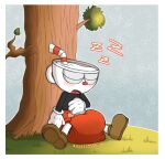 abdl absurd_res animate_inanimate bendy_straw big_diaper black_clothing black_shirt black_topwear bodily_fluids border brown_clothing brown_footwear brown_shoes clothed clothing container cup cuphead_(character) cuphead_(game) diaper diaper_fetish drinking_straw eyes_closed footwear for_a_head genital_fluids gloves handle handwear hi_res huge_diaper humanoid male not_furry object_head red_diaper shirt shoes sleeping solo sound_effects studio_mdhr tenerius topwear unclean_diaper under_tree urine used_diaper using_diaper vowelless vowelless_sound_effect wet_diaper wetting wetting_diaper white_border white_clothing white_gloves white_handwear zzz