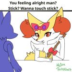 1:1 2024 ambiguous_anthro ambiguous_gender anthro artist_name boobs?_wanna_touch_boobs? bow_ribbon braixen caption caption_box colored dated digital_media_(artwork) duo english_text eyewear eyewear_on_head faceless_ambiguous faceless_character generation_4_pokemon generation_6_pokemon glasses glasses_on_head hi_res katsurokurosaki long_inner_ear_fluff lucario meme nintendo offering_to_another pokemon pokemon_(species) question_mark signature stick text year