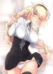  1girl bangs black_legwear black_skirt blonde_hair blouse blush braid breasts casual collared_blouse day eyebrows_visible_through_hair fate_(series) frilled_blouse hair_between_eyes hairband hands_up head_tilt high-waist_skirt highres jeanne_d&#039;arc_(fate)_(all) large_breasts long_hair long_sleeves looking_at_viewer neck_ribbon outdoors panties ribbon side-tie_panties single_braid skindentation skirt smile solo thighhighs underwear untsue very_long_hair white_blouse white_panties wind wind_lift 