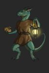  2018 anthro claws digital_media_(artwork) digitigrade kobold lantern male runa_solaris scalie scar simple_background simple_clothing smile solo timaro 