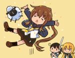  ahoge arm_up arms_up black_hair blonde_hair brown_hair closed_eyes comic confetti fumizuki_(kantai_collection) kantai_collection long_hair long_sleeves low_twintails multiple_girls neckerchief open_mouth otoufu pleated_skirt ponytail remodel_(kantai_collection) satsuki_(kantai_collection) school_uniform serafuku sheep short_sleeves skirt smile socks triangle_mouth twintails ushio_(kantai_collection) yellow_background yellow_eyes 