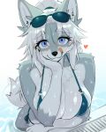 2026 4:5 accessory anthro big_breasts bikini black_bikini black_clothing black_nose black_swimwear blue_eyes breasts canid canine canis chest_tuft cleavage clothed clothing eyebrow_through_hair eyebrows eyelashes eyewear eyewear_on_head female fur grey_body grey_fur hair hair_accessory hairband heart_symbol hi_res kemono licking licking_lips long_hair looking_at_viewer mammal multicolored_body multicolored_fur okami_bark ookamiwaho partially_submerged side-tie_bikini smile solo standing_in_water string_bikini sunglasses sunglasses_on_head swimming_pool swimwear tongue tongue_out translucent translucent_hair tuft two-piece_swimsuit two_tone_body two_tone_fur water wearing_sunglasses white_body white_fur white_hair wolf