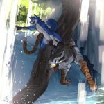 1:1 2022 anthro avian azurfox beak blue_body blue_eyes blue_fur canid canine dipstick_tail duo feathered_wings feathers felid feral flying fox fur gloves_(marking) gryphon hi_res hybrid leg_markings male mammal markings mythological_avian mythological_creature mythology nude nude_anthro nude_male open_mouth open_smile orange_body orange_fur pantherine pawpads paws riding_on_back saddle smile socks_(marking) streifi stripes tail tail_markings tiger water waterfall white_body white_fur wings wintom