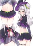 ass blush butt_crack capelet commentary cover crop_top flat_chest gloves hair_bun hair_ornament hat highres hololive lavender_hair looking_at_viewer midriff miniskirt murasaki_shion navel open_mouth racchi. simple_background skirt solo virtual_youtuber white_background witch_hat yellow_eyes 