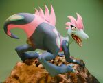 2026 3d_(artwork) animal_genitalia blender_(artwork) blue_body butt claws cloaca digital_media_(artwork) dinosaur duna_nichs egg female feral fossil_fighters genitals green_background green_claws green_pupils heartlessangel3d hi_res nest open_mouth oviposition pink_body prehistoric_species pupils raised_tail reptile scalie sharp_teeth simple_background slit_pupils solo spines tail teeth toe_claws yellow_eyes