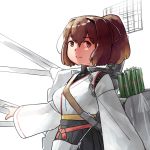  brown_eyes brown_hair commentary_request flight_deck hair_ribbon highres ise_(kantai_collection) japanese_clothes kantai_collection nontraditional_miko ponytail remodel_(kantai_collection) ribbon seshiya short_hair smile solo turret undershirt white_background 