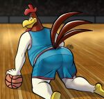 2021 anthro avian avian_caruncle ball basketball basketball_(ball) basketball_court basketball_uniform beak bedroom_eyes belly big_butt biped bird black_eyebrows blue_clothing bodily_fluids bottomwear brown_body brown_feathers butt chicken clothed clothing comb_(anatomy) detailed_background dewlap_(anatomy) digital_media_(artwork) eyebrows feathers floor foghorn_leghorn fully_clothed galliform head_crest hi_res holding_object hunter-husky inside kneeling leghorn_chicken looking_at_viewer looking_back looking_back_at_viewer looney_tunes male multicolored_body multicolored_feathers narrowed_eyes overweight overweight_anthro overweight_male phasianid pinup pose raised_eyebrows raised_tail rear_view seductive shaded signature smile smiling_at_viewer smirk solo space_jam space_jam:_a_new_legacy sportswear sweat tail tail_feathers thick_thighs topwear tune_squad_outfit tune_squad_outfit_(2021) two_tone_body two_tone_feathers uniform warner_brothers wattle white_body white_feathers wide_hips wood yellow_beak