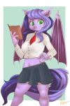 atane27 bat_pony book breasts clothed clothing equine fan_character female fully_clothed green_eyes mammal my_little_pony portrait pose simple_background skirt smile solo speck standing wings 