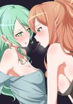  10s 2girls aqua_hair bang_dream! bare_shoulders blush breasts brown_hair cleavage eye_contact green_eyes hikawa_sayo imai_lisa long_hair looking_at_another medium_breasts multiple_girls no_panties off_shoulder open_mouth parted_lips purple_background sakamata saliva saliva_trail sideboob simple_background tongue tongue_out yuri 