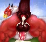 animal_genitalia anus avian balls beak bodily_fluids butt cum cum_in_ass cum_inside cum_on_balls cum_on_penis ejaculation feathered_wings feathers feral firael fur genital_fluids genitals gryphon hi_res looking_at_viewer male multicolored_body mythological_avian mythological_creature mythology penis pink_penis presenting presenting_anus presenting_hindquarters quadruped raised_tail red_anus red_body red_eyes red_fur simple_background smile smiling_at_viewer solo spread_legs spreading tail two_tone_body valdemar_fordragon wet white_body white_feathers white_fur wings yellow_beak