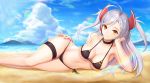  4coke alternate_costume antenna_hair armpits azur_lane bangs bare_arms beach bikini black_bikini black_ribbon blue_sky blush breasts brown_eyes choker cleavage closed_mouth cloud commentary_request day eyebrows_visible_through_hair feet_out_of_frame flag_print german_flag_bikini hair_between_eyes hair_ribbon head_on_hand large_breasts long_hair looking_at_viewer lying mole mole_on_breast multicolored_hair navel ocean on_side orange_eyes outdoors prinz_eugen_(azur_lane) red_hair ribbon sand side-tie_bikini sidelocks silver_hair sky smile solo sparkle stomach streaked_hair sunlight swimsuit thigh_strap thighs two_side_up untied untied_bikini very_long_hair 