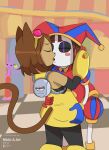 2026 absurd_res anthro big_ears blue_clothing blue_gloves blue_handwear blush blush_stickers bodily_fluids brown_body brown_fur clothing crying digital_drawing_(artwork) digital_media_(artwork) domestic_cat duo_focus eyelashes eyes_closed eyewear eyewear_on_head felid feline felis female fool's_hat french_kissing fur gameoverse glistening_eyelids glitch_productions gloves goggles goggles_on_head group gun gun_to_head hand_on_another's_butt hand_on_butt handgun handwear hat headgear headwear hi_res holding_gun holding_handgun holding_object holding_pistol holding_ranged_weapon holding_weapon humanoid humanoid_hands jax_(tadc) jester kaboodle_(gameoverse) kissing kit_bodega lagomorph leporid long_eyelashes machine making_out male mammal medium_hair nikkiaart overalls pistol pomni_(tadc) purple_body purple_fur rabbit ranged_weapon red_clothing red_gloves red_handwear red_overalls robot standing tail tears the_amazing_digital_circus thin_tail trio weapon yellow_clothing yellow_gloves yellow_handwear