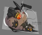 2025 big_butt black_body blade_wolf bottom_heavy butt chainsaw dialogue duo english_text gatling_gun glowing glowing_eyes gun hi_res hyper konami machine machine_gun male male/male metal_gear metal_gear_rising:_revengeance monobutt multicolored_body platinumgames power_tool ranged_weapon red_eyes robot robot_feral rocket_launcher simple_background smokey_blokey tail tan_body text tongue tongue_out tools weapon