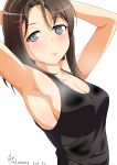  10s 1girl 2018 armpits arms_behind_head arms_up artist_name bang_dream! bare_shoulders blush breasts brown_hair cleavage dated eyebrows_visible_through_hair frown grey_eyes hair_ornament hairclip large_breasts looking_at_viewer medium_hair no_bra okusawa_misaki sakamata sideboob simple_background solo standing sweat tank_top upper_body white_background 