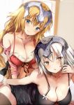  bangs bedroom black_nightgown blonde_hair blue_eyes board_game braid breasts cleavage commentary_request eyebrows_visible_through_hair fate/grand_order fate_(series) headpiece indoors jeanne_d'arc_(alter)_(fate) jeanne_d'arc_(fate) jeanne_d'arc_(fate)_(all) large_breasts multiple_girls pon_(ponidrop) red_nightgown short_hair silver_hair smile thighhighs tsurime window 