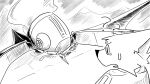 16:9 anthro bodily_fluids bullet canid canine canis comic confusion crater deck_(structure) dragonweirdo escape_pod guardrail hatch hi_res kimera_(dragonweirdo) landscape male mammal monochrome mountain pod question_mark smoke solo sweat widescreen wolf