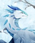  2018 ambiguous_gender blue_eyes day detailed_background digital_media_(artwork) dragon feral horn nashiholy outside scalie snow snowing solo spine western_dragon 