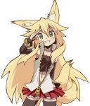  animal_ears ass_visible_through_thighs bangs black_legwear blonde_hair blush borrowed_character bracelet breasts fox_ears fox_tail green_eyes head_tilt jewelry kokonoe_tsubaki long_hair looking_at_viewer midriff miniskirt multiple_tails muu_(mumumer) navel original partially_unzipped red_skirt salute simple_background skirt small_breasts smile solo tail thighhighs white_background zettai_ryouiki zipper zipper_pull_tab 