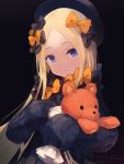  abigail_williams_(fate/grand_order) bangs black_bow black_dress black_hat blonde_hair blue_eyes bow closed_mouth commentary_request dress fate/grand_order fate_(series) forehead hair_bow hat head_tilt long_hair long_sleeves looking_at_viewer object_hug orange_bow parted_bangs polka_dot polka_dot_bow roll_okashi sleeves_past_fingers sleeves_past_wrists solo stuffed_animal stuffed_toy teddy_bear upper_body very_long_hair 