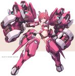  :d alice_gear_aegis armor bangs blush breasts clenched_hand commentary_request copyright_name full_body highres himukai_rin karukan_(monjya) legs_apart looking_at_viewer mecha_musume mechanical_arms mechanical_horns navel navel_cutout open_mouth pink_eyes red_hair short_hair simple_background sleeveless small_breasts smile solo two-tone_background v-shaped_eyebrows white_background 