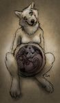  ambiguous_gender anthro blush canine cuddling female green_sclera invalid_tag lupamcrescent mammal marsupial opossum pregnant signature simple_background size_difference smile traditional_media_(artwork) unbirthing uterus vore wolf 