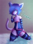  2016 anthro arm_warmers armwear bed blue_eyes blue_hair bow_ribbon bulge cat clothing corset digital_drawing_(artwork) digital_media_(artwork) feline fur girly hair hair_over_eye inner_ear_fluff legwear lingerie male mammal on_bed panties purple_fur smile socks solo striped_legwear striped_panties striped_socks stripes text underbust_corset underwear yaoimeowmaster 