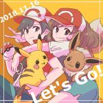  1girl ayumi_(pokemon) baseball_cap black_hair brown_hair copyright_name dated eevee gen_1_pokemon hat highres kakeru_(pokemon) looking_at_viewer pikachu poke_ball poke_ball_(generic) pokemon pokemon_(game) pokemon_lgpe shorts v 