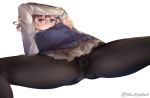 black_legwear blue_eyes blush closed_mouth commentary_request crotch_seam eyebrows_visible_through_hair grey_jacket grey_skirt hair_between_eyes jacket juurouta kantai_collection long_sleeves looking_at_viewer lying on_back pantyhose pink_hair pleated_skirt remodel_(kantai_collection) shiranui_(kantai_collection) shirt simple_background skirt solo spread_legs twitter_username white_background white_jacket white_shirt 