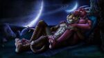 16:9 4_toes abs anthro bedding biceps blue_eyes brown_body brown_fur brown_stripes cirez claws countershading cuddling detailed detailed_background dragon dream_and_nightmare duo european_mythology eye_contact feet felid fingers fur grabbing grass green_eyes hand_on_chest hi_res hindpaw horn hug looking_at_another lying male male/male mammal markings moon multicolored_body multicolored_fur muscular muscular_anthro muscular_male mythological_creature mythological_scalie mythology night night_(dream_and_nightmare) nipples nude on_back orange_body orange_fur outside pantherine pawpads paws pecs pillow pink_nose pink_pawpads plant red_body red_scales red_skin rock romantic romantic_couple scales scalie sky smile space star starry_sky striped_body striped_fur stripes tail tail_tuft tiger toe_claws toes tree tuft western_dragon white_body white_fur widescreen