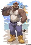 2024 anthro arm_hair armpit_hair barazoku beard belt biceps blue_bottomwear blue_clothing blue_pants body_hair boots bottomwear brown_body brown_hair chest_hair clothed clothing construction_worker deltoids ear_piercing estper eyebrows facial_hair footwear forearms fully_clothed gloves gold_tusks hair hand_on_hip handwear hi_res highlights_(coloring) horgan_barderigg_(estper) looking_at_viewer male mammal metal muscular muscular_anthro muscular_arms muscular_male object_on_shoulder pants pecs piercing red_highlights shirt shoes simple_background smile solo standing suid suine sus_(pig) tail tank_top text topwear torn_clothing torn_shirt torn_topwear triceps tusks wild_boar yellow_boots yellow_clothing yellow_eyes yellow_footwear