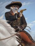 2026 3:4 ambiguous_gender anthro ariesredlo artist_name canid canine clothed clothed_anthro clothed_male clothing detailed_clothing duo equid equine feral fox fur furgonomic_hat furgonomic_headwear furgonomics gun handgun horse male mammal mane outside pointing_gun ranged_weapon red_eyes reins revolver riding_horse saddle teeth text weapon white_body white_fur