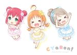  &gt;_&lt; :d \||/ alternate_hairstyle bangs blue_dress blue_flower blue_footwear blue_neckwear chibi clenched_hand commentary cyaron_(love_live!) double_bun dress drop_shadow flower full_body grey_hair group_name hair_bun hair_flower hair_ornament hair_ribbon index_finger_raised jumping kurosawa_ruby love_live! love_live!_sunshine!! multiple_girls neck_ribbon open_mouth orange_hair pink_dress pink_flower pink_footwear pink_hair raised_fist red_hair ribbon sakuramochi_n salute short_hair sidelocks smile standing standing_on_one_leg takami_chika twintails watanabe_you white_background xd yellow_dress yellow_flower yellow_footwear 