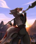  anthro bottomless butt clothed clothing hoodie looking_back male melee_weapon outside piratefoxbox polearm sergal smile solo spear standing weapon 