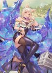  ahri animal_ears arm_up bangs black_legwear blonde_hair blurry blurry_foreground bracelet breasts bubble choker cleavage commentary depth_of_field dutch_angle earrings eyeshadow finger_to_mouth fox_ears heart heart_choker high_heels highres indoors jewelry k/da_ahri league_of_legends leotard lino_chang lips long_hair looking_at_viewer makeup medium_breasts multiple_tails nail_polish parted_lips shiny shiny_clothes solo standing swept_bangs tail thighhighs washing_machine whisker_markings yellow_eyes 
