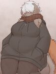 2022 340m/sec 3:4 absurd_res anthro belly big_breasts biped black_clothing black_hoodie black_legwear black_topwear blush blush_lines breasts brown_body brown_scarf brown_skin clothed clothing colored digital_media_(artwork) ear_piercing ear_ring ear_stud female female_anthro final_fantasy floppy_ears front_view fully_clothed fur hair hair_over_eyes hand_in_pocket hi_res hoodie kemono legwear long_ears lop_ears mammal monotone_hair nu_mou orange_body orange_fur overweight overweight_anthro overweight_female piercing pockets portrait ring_piercing scarf solo square_enix standing tail_mane thick_thighs three-quarter_portrait topwear two_tone_tail white_hair