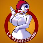 1:1 anthro avian avian_caruncle big_breasts bird black_eyes blush breasts chicken comb_(anatomy) featureless_breasts female galliform head_crest hi_res la_pechugona non-mammal_breasts nyf0x one_eye_closed open_mouth phasianid solo spanish_text text white_body wide_hips