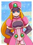  1girl arms_behind_back blonde_hair blue_eyes border breasts closed_mouth commentary cowboy_shot ebimpawa hat highres jacket looking_at_viewer mega_man_(series) mega_man_zx outline outside_border pink_hat pink_jacket pink_shorts pink_skirt prairie_(mega_man) shako_cap shorts skirt smile solo straight-on white_border white_outline 